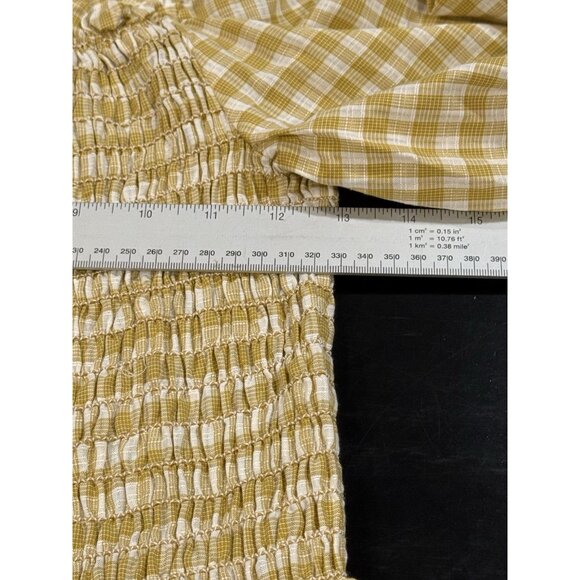 NWT Max Studio Womens Large Smocked Yellow Gold Gingham Puff Sleeve Peplum Top - Picture 12 of 12